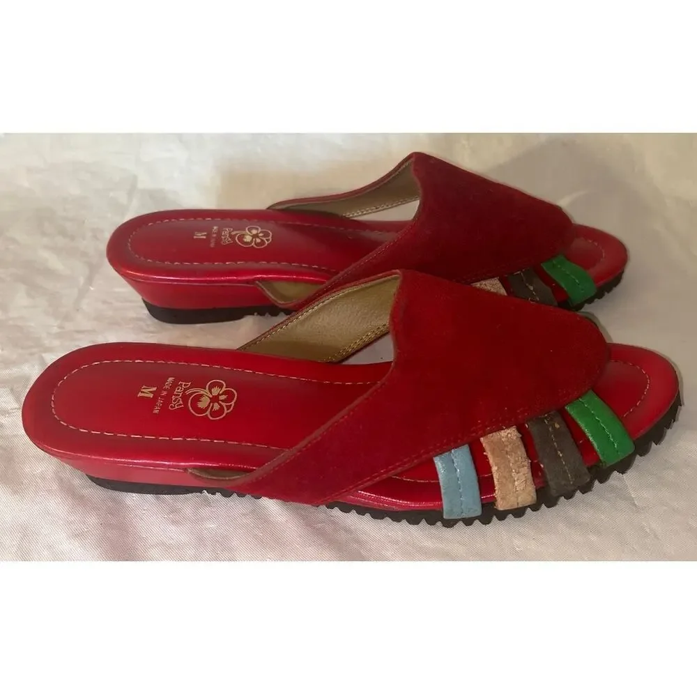 Pansy Red Suede Slides Sandals - Made in Japan - Size: M